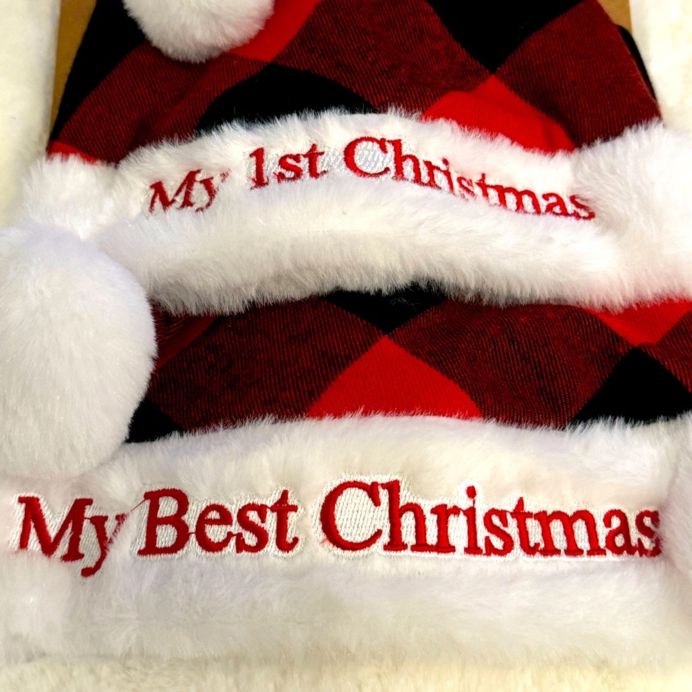 SOLD: Buffalo Plaid ‘My First Christmas’ Santa hat, & one for mommy or daddy - Picture 3 of 4